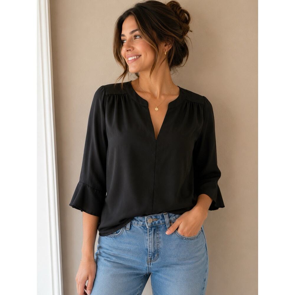 Aqua Black Split Neck Blouse XS Flare Sleeve Dressy Minimalist Top